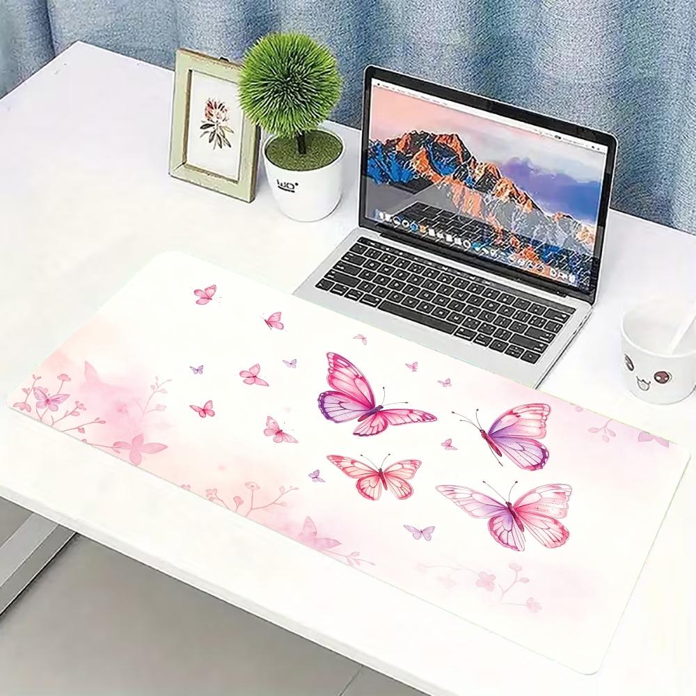 Desk Setup With Laptop - Watercolor Pink Butterfly Large Gaming Mouse
