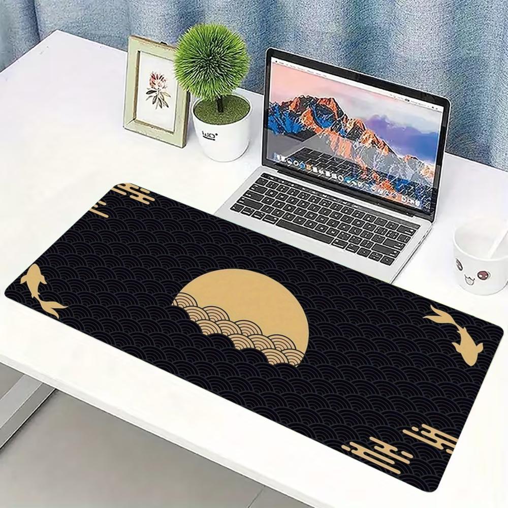 Desk Setup With Laptop - Japanese Golden Wave Moon Koi Extended