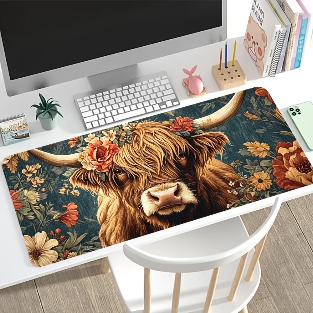 Desk Setup With Laptop - Vintage Highland Cow Floral Gaming Mouse